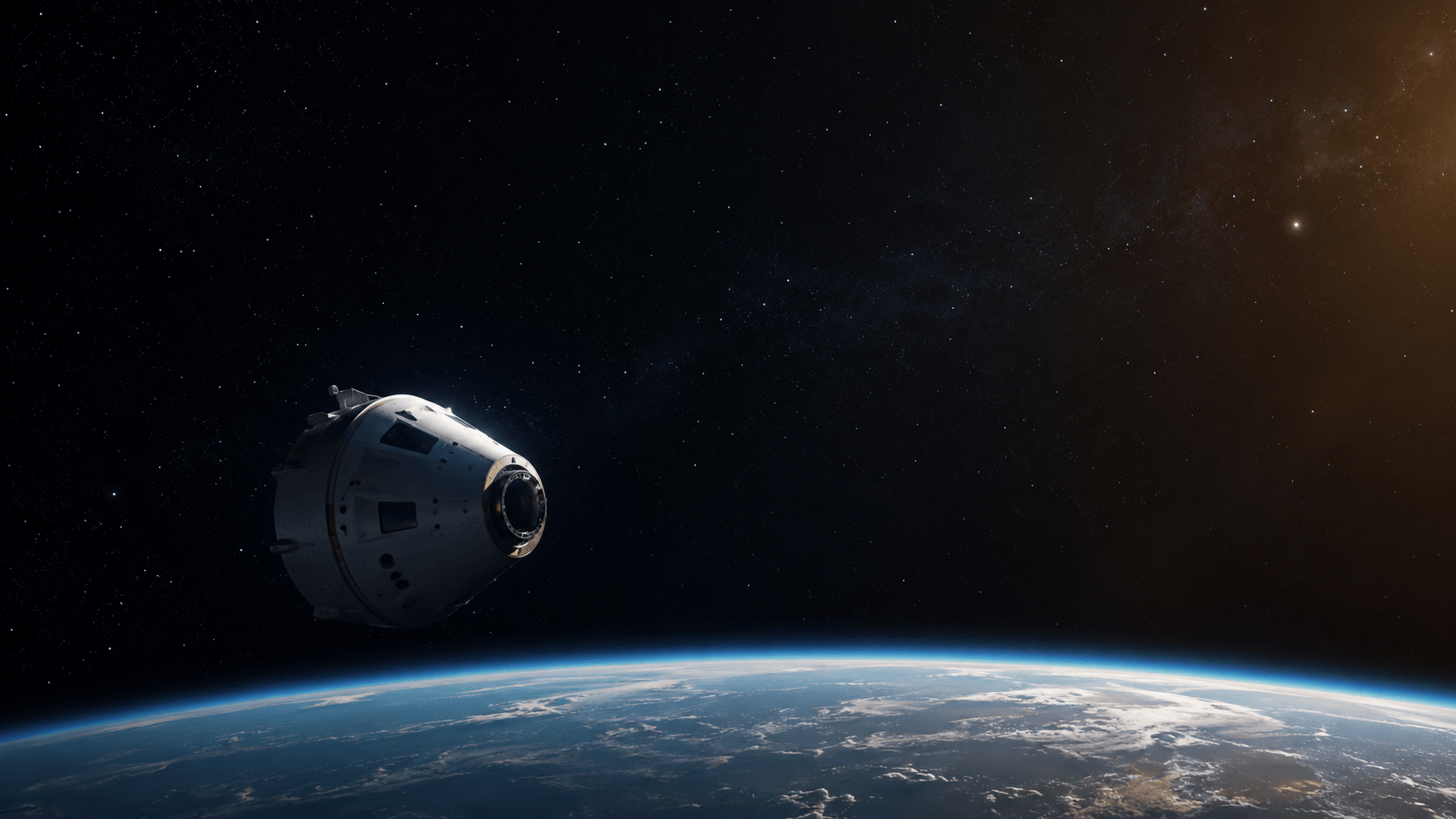 A spacecraft above Earth in deep space